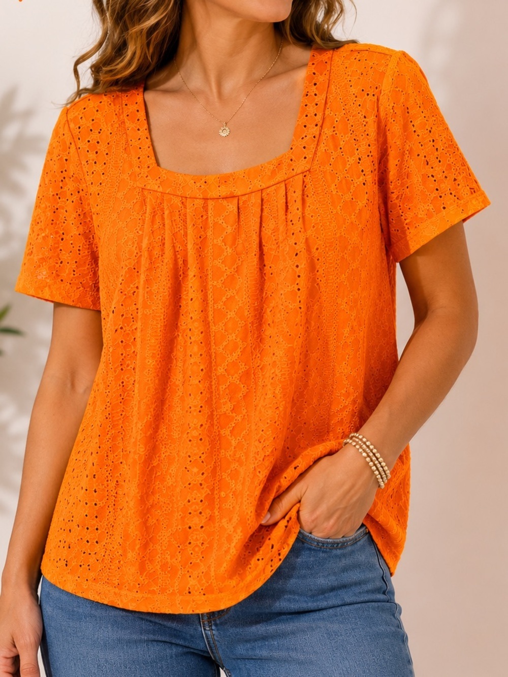 Women’s Orange Eyelet Square-Neck Blouse LARGE